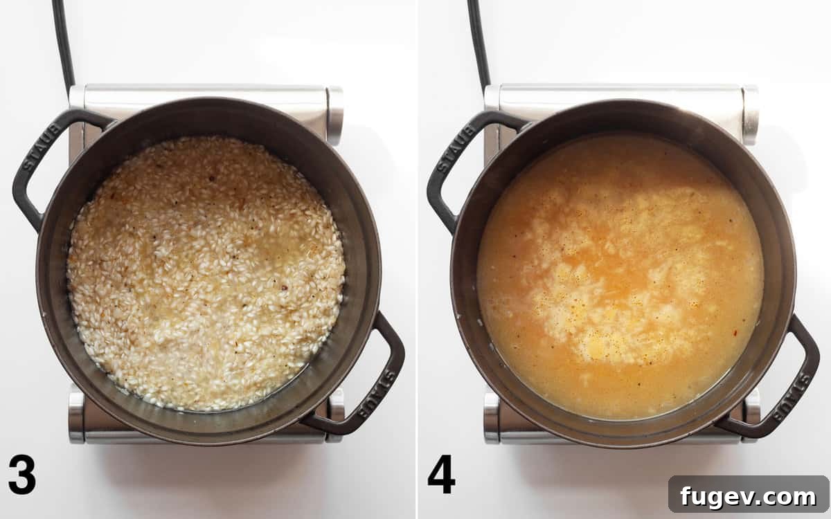 Golden Baked Lemon Risotto 5 Arborio rice stirred into sautéed shallots, then vegetable broth poured into the Dutch oven.