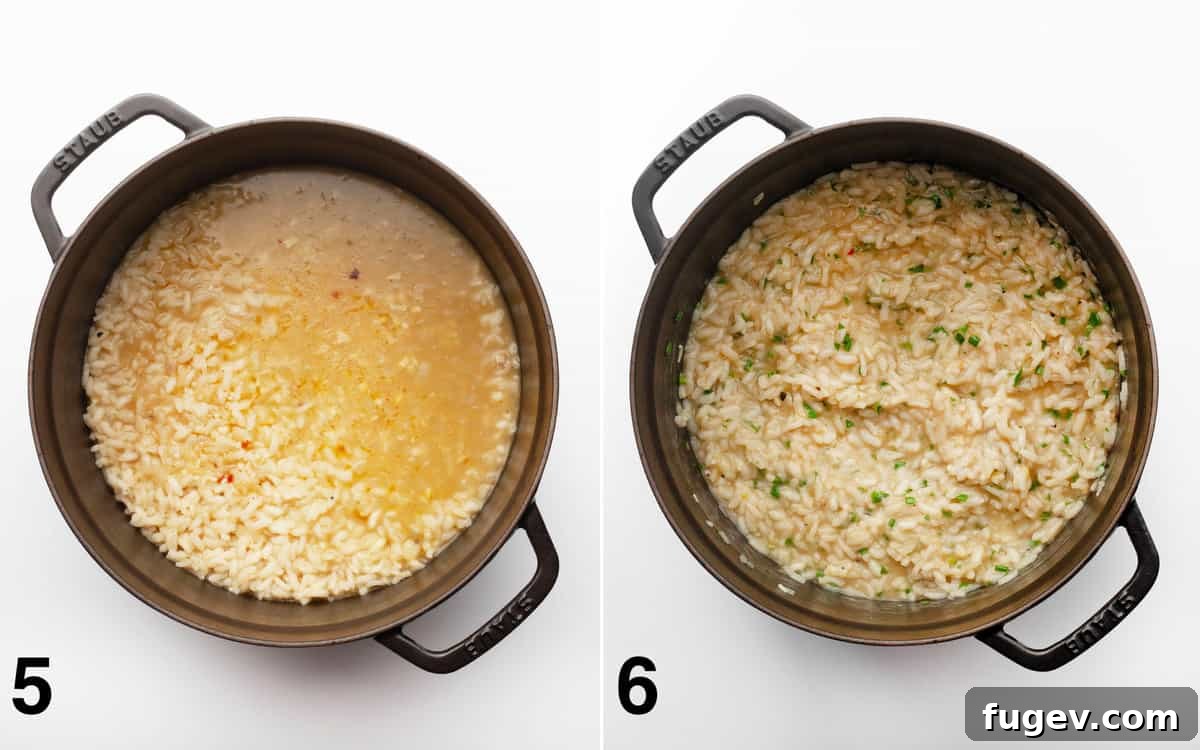 Golden Baked Lemon Risotto 6 Baked risotto in a Dutch oven with Parmesan and herbs being stirred in.