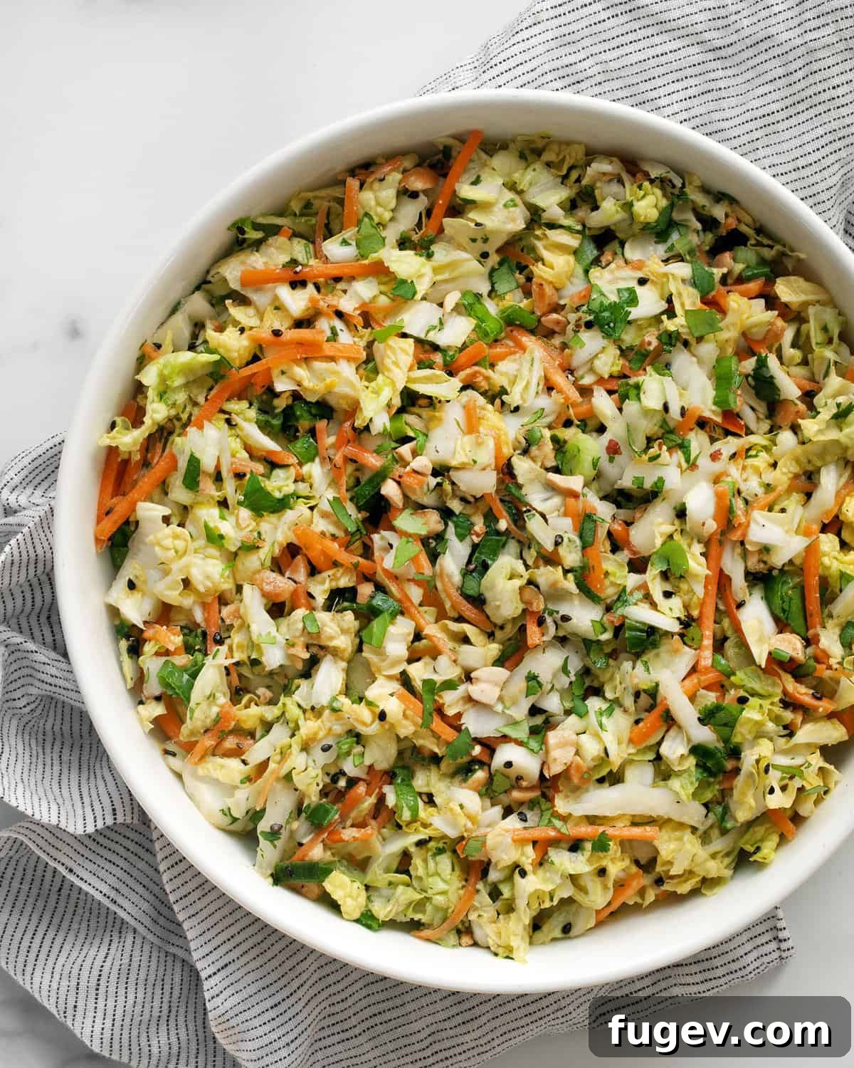 Crisp Napa Cabbage Slaw 2 A beautifully presented Napa cabbage salad with peanut dressing, garnished with fresh cilantro and crushed peanuts, served in an elegant bowl.