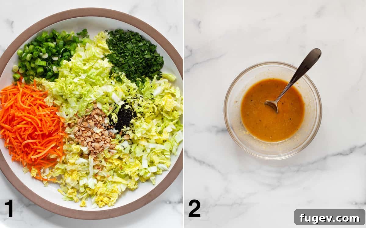 Crisp Napa Cabbage Slaw 4 Separated ingredients for the Napa cabbage salad in a large bowl and the creamy peanut ginger dressing in a small bowl, ready to be combined.