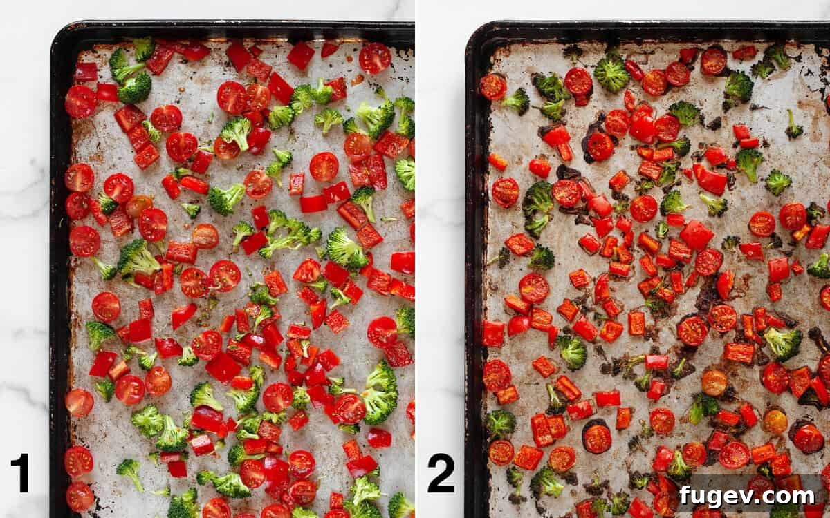 Vibrant Roasted Vegetable Egg White Frittata 4 A two-part image showing vegetables on a sheet pan: before roasting (fresh and vibrant) and after roasting (lightly browned and tender at the edges).