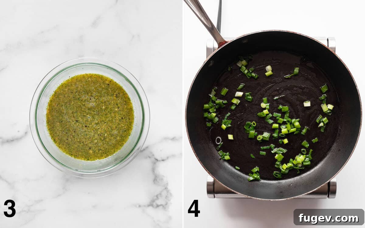 Vibrant Roasted Vegetable Egg White Frittata 5 A two-part image: on the left, egg whites whisked with pesto in a mixing bowl; on the right, thinly sliced scallions gently sizzling in olive oil in a skillet.