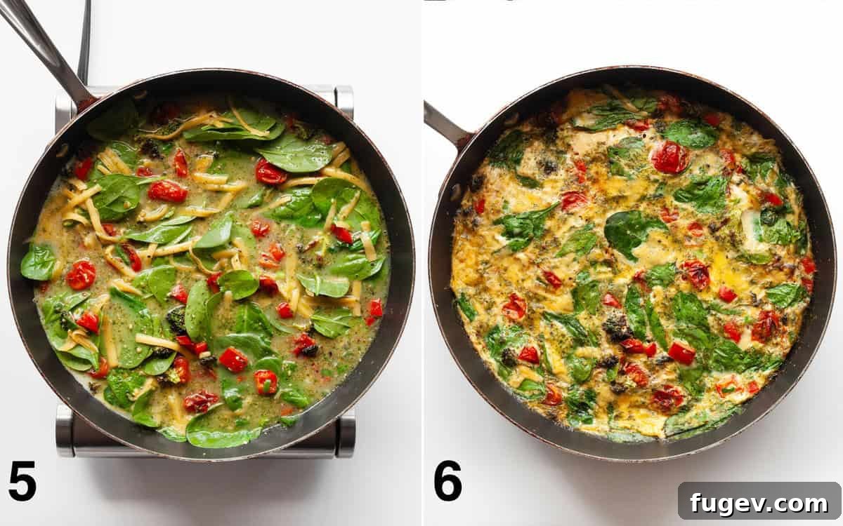 Vibrant Roasted Vegetable Egg White Frittata 6 A two-part image showing the frittata in a skillet: before baking, with egg mixture and vegetables settled; and after baking, perfectly set with golden edges.