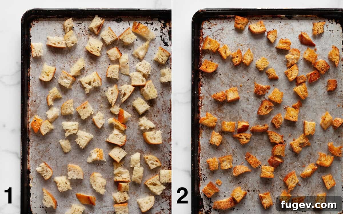 Garden Fresh Salad 4 Two images side-by-side showing bread cubes before baking and perfectly golden, crispy homemade croutons after baking on a sheet pan.