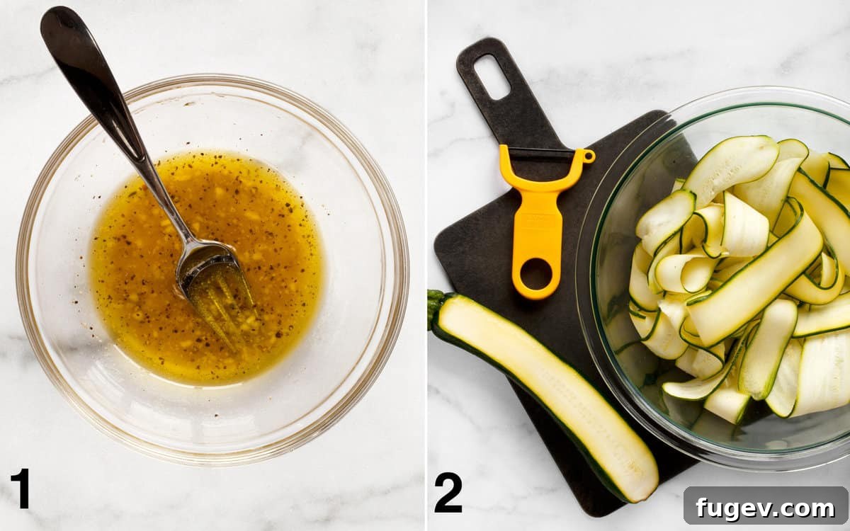 Zesty Zucchini Salad with Feta and Pine Nuts 4 Vinaigrette being whisked in a bowl and zucchini being peeled into ribbons with a vegetable peeler.