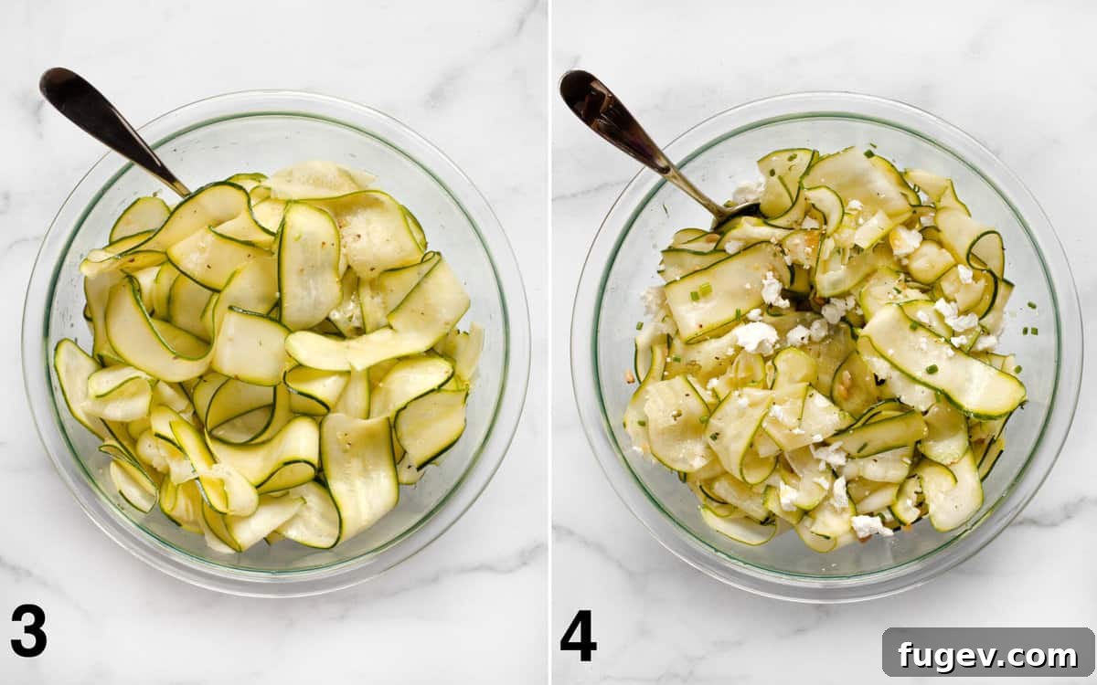 Zesty Zucchini Salad with Feta and Pine Nuts 5 Zucchini ribbons tossed with dressing, feta cheese, pine nuts, and chives in a mixing bowl.