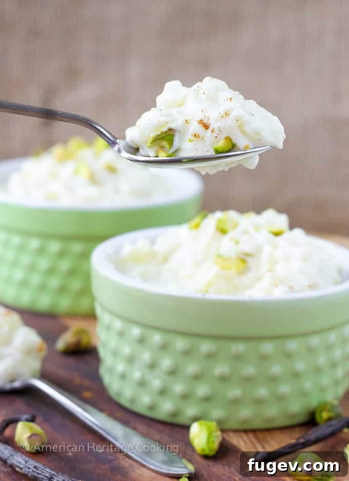 Comforting Vanilla Rice Pudding 4 Close-up of Vanilla Bean Rice Pudding with a spoon