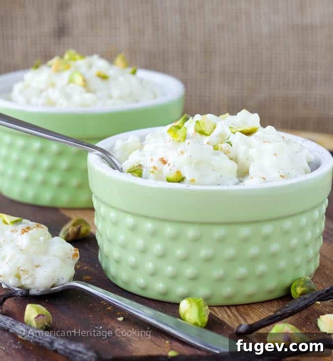 Comforting Vanilla Rice Pudding 5 Serving of Vanilla Bean Rice Pudding topped with pistachios and cinnamon