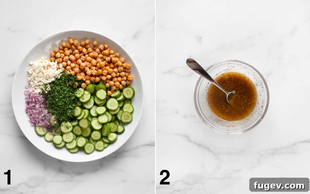 Mediterranean Chickpea Cucumber Refresh 4 A large bowl containing all the combined salad ingredients (cucumbers, chickpeas, red onions, feta, parsley) next to a small bowl with the prepared vinaigrette.