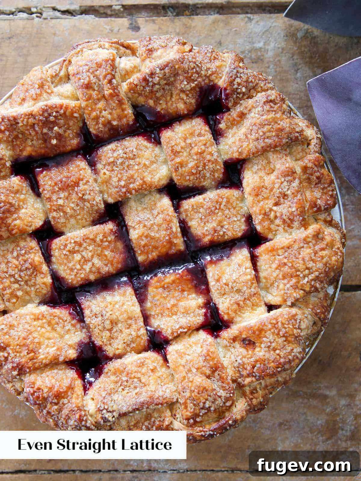 The Art of the Perfect Pie Lattice 13 A neatly baked pie with a symmetrical straight-edged lattice crust, featuring clean, uniform strips woven in a traditional pattern.