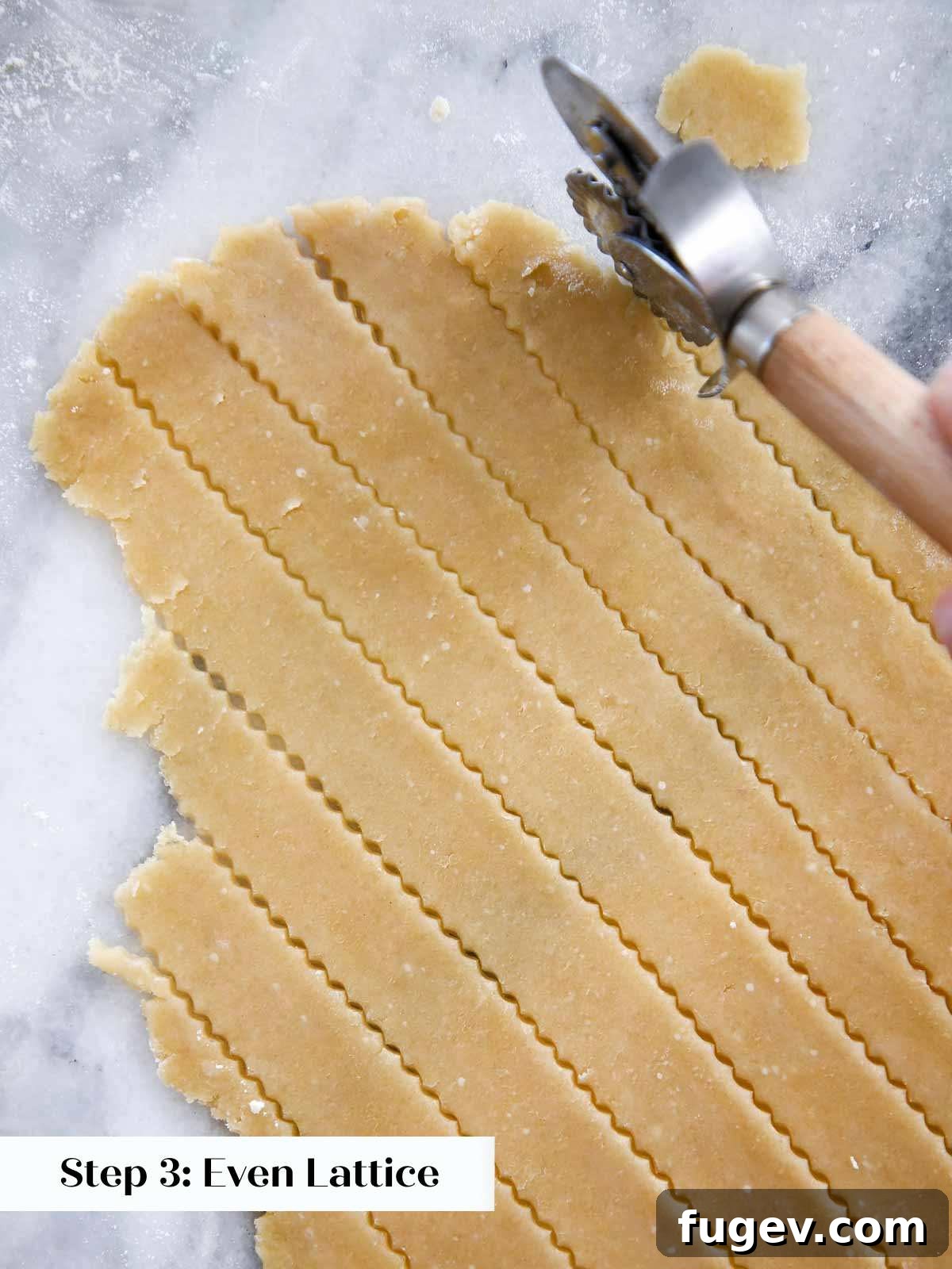 The Art of the Perfect Pie Lattice 6 Close-up of almond flour pie crust being cut into beautiful fluted strips with a pastry wheel, adding decorative flair.