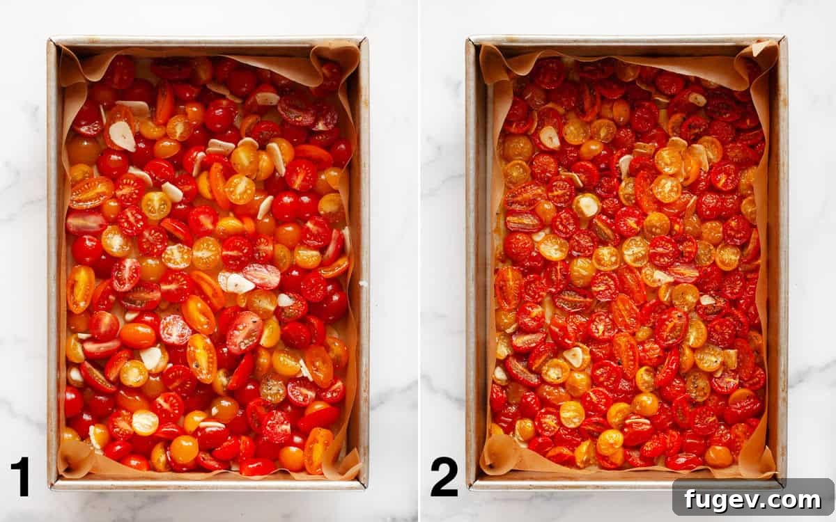 Creamy Burrata & Charred Tomato Pasta 4 Before and after comparison of tomatoes, garlic, and olive oil in a pan, showing the transformation after roasting.