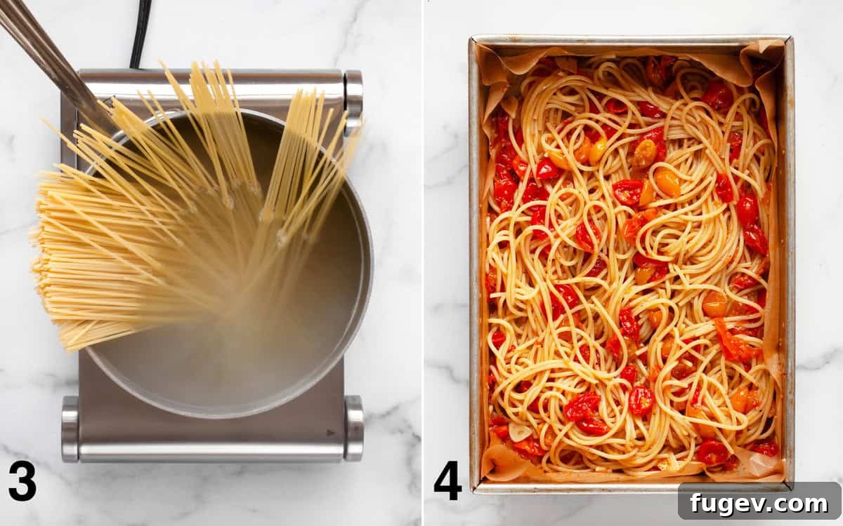 Creamy Burrata & Charred Tomato Pasta 5 A two-part image showing spaghetti cooking in a pot, and then the cooked pasta being tossed with roasted tomatoes in the baking pan.