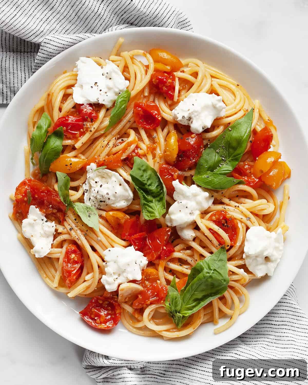 Creamy Burrata & Charred Tomato Pasta 7 A tempting plate of roasted tomato burrata pasta, perfectly garnished and ready to eat.
