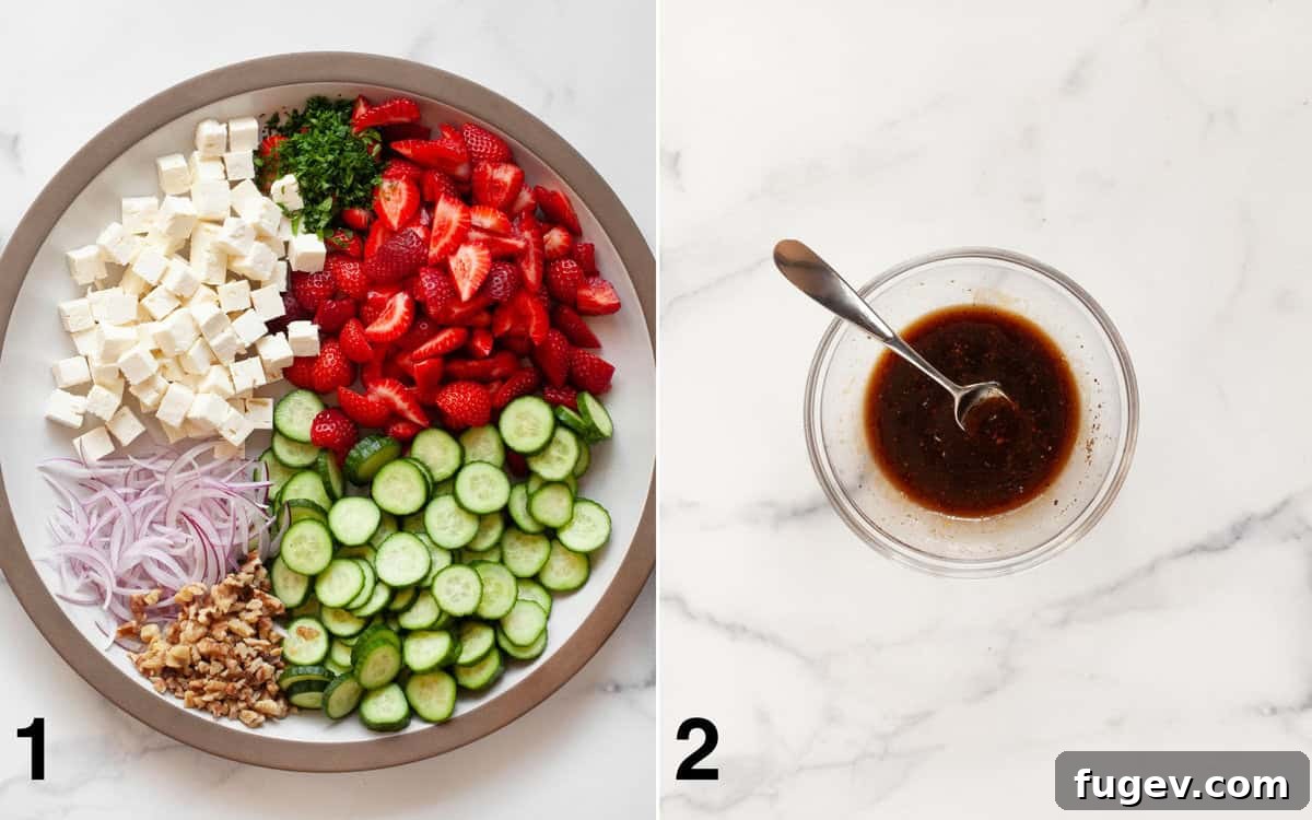 Strawberry Feta Sparkle 4 Two side-by-side images showing the preparation steps: on the left, a large bowl filled with vibrant strawberry feta salad ingredients; on the right, a small bowl where balsamic vinaigrette is being whisked.