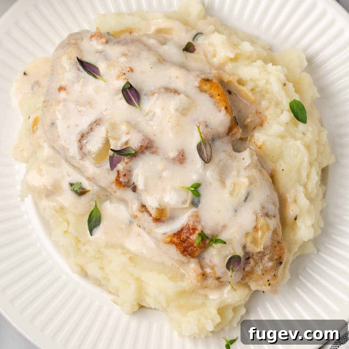 Creamy Mushroom Pork Chops 12 Perfectly baked pork chop with creamy mushroom sauce and fresh thyme, served on a plate with mashed potatoes.