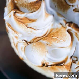 Close-up of toasted swooshes of meringue, highlighting its golden, caramelized texture.