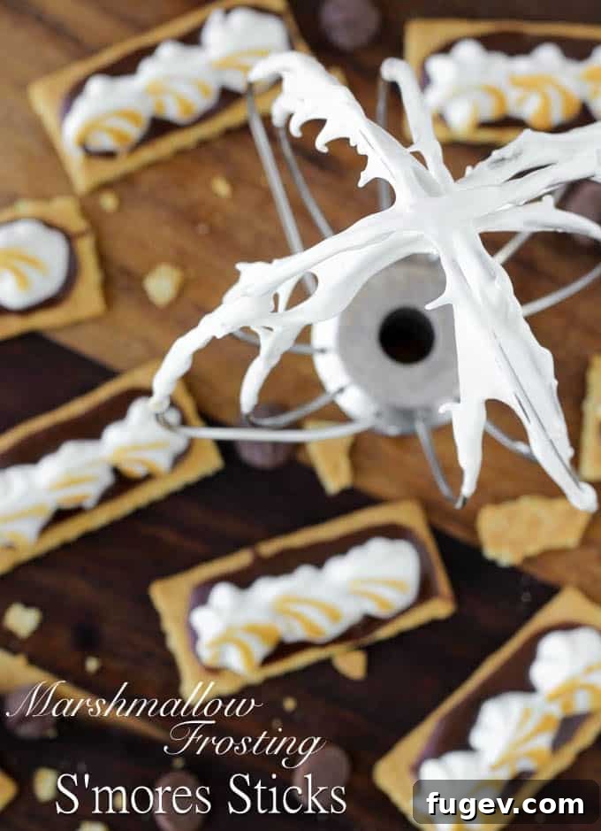 Pillowy Marshmallow Perfection 13 Homemade Marshmallow Frosting Smores Sticks | An easy, gelatin-free, recipe for marshmallow frosting and adorable, bite-sized S'mores snacks!