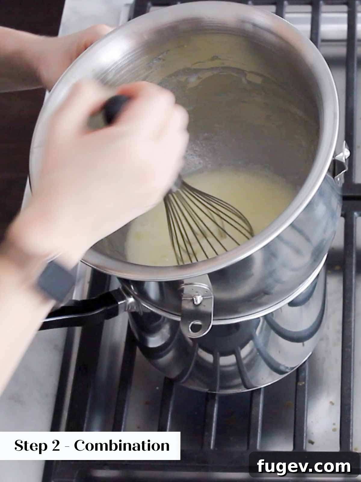 Pillowy Marshmallow Perfection 4 A pastry chef gently whisking Swiss meringue ingredients over a pot of simmering water.