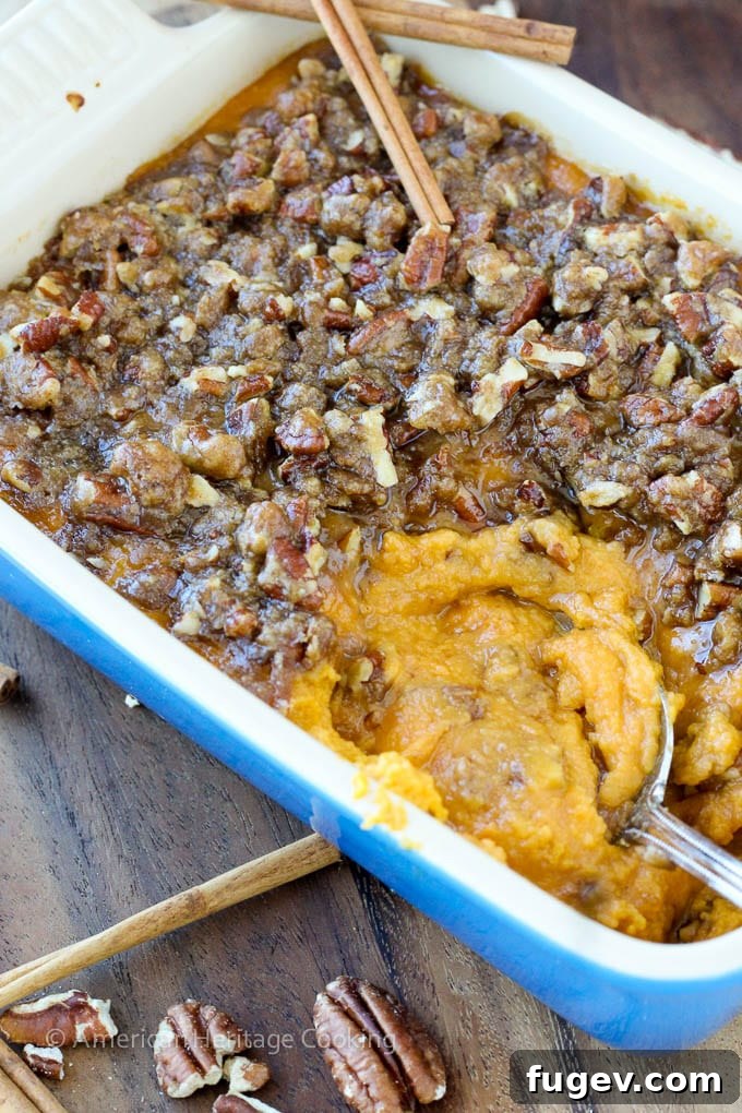 Guilt Free Sweet Potato Casserole 3 Sweet Potato Casserole Lightened Up, ready to be served for Thanksgiving.