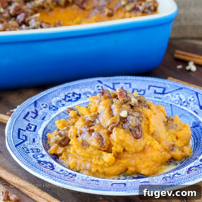 Guilt Free Sweet Potato Casserole 4 Close-up of the delicious pecan topping on a sweet potato casserole.