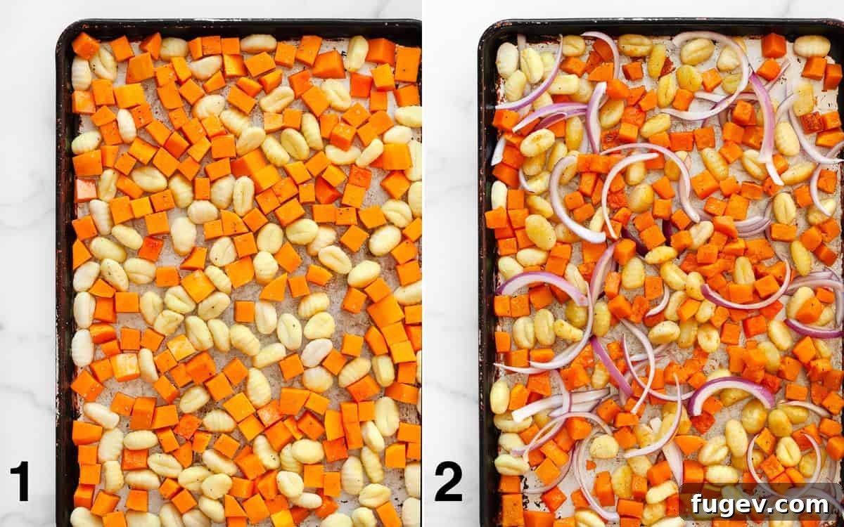 One Pan Butternut Gnocchi with Bright Parsley Pesto 4 Before and after roasting: gnocchi and squash on a sheet pan, followed by the same ingredients partially roasted with thinly sliced red onions added on top.