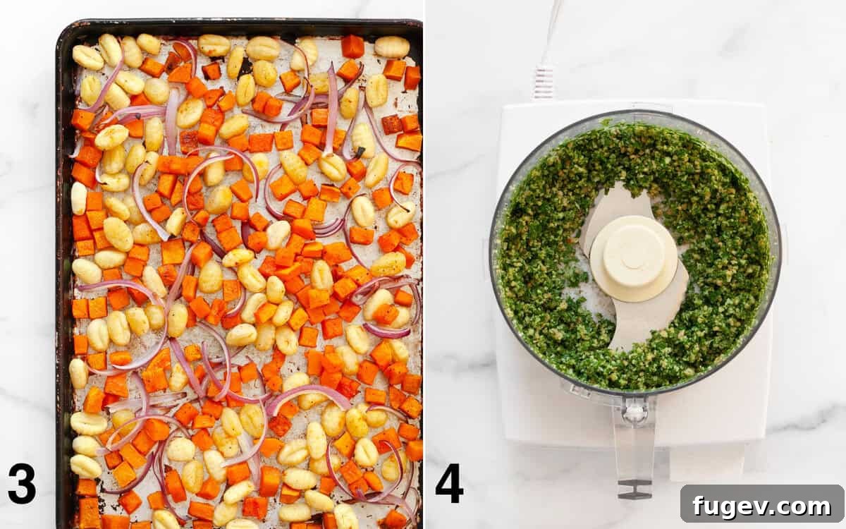 One Pan Butternut Gnocchi with Bright Parsley Pesto 5 Roasted gnocchi, squash, and red onions cooling on a sheet pan, contrasted with vibrant green pesto ingredients finely chopped in a food processor, showcasing the two main components of the dish.