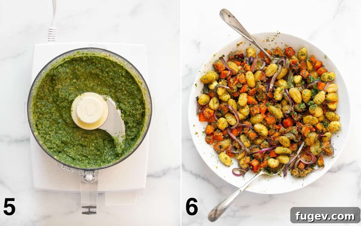One Pan Butternut Gnocchi with Bright Parsley Pesto 6 Vibrant green parsley pesto ready in a food processor bowl, next to a large serving bowl filled with roasted gnocchi and butternut squash lovingly tossed with the fresh pesto.