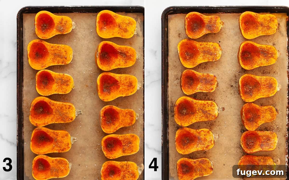 Moroccan Golden Honeynut Roast 5 Before and after roasting: Honeynut squash halves on a sheet pan, seasoned and then perfectly browned and tender from the oven.