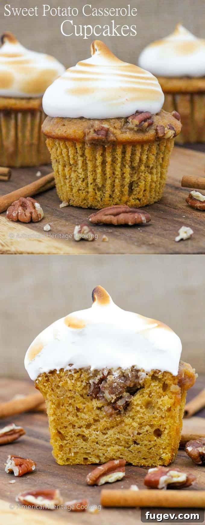A festive display of Sweet Potato Casserole Cupcakes with beautiful toasted marshmallow peaks.