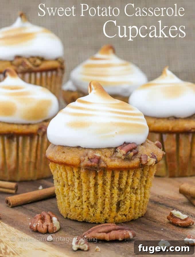 An overhead shot of Sweet Potato Casserole Cupcakes, highlighting their golden toasted topping.