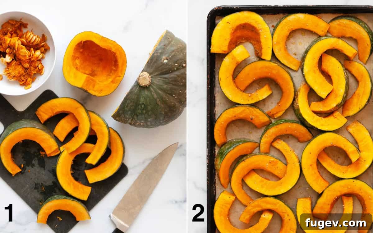 Velvet Roasted Kabocha Soup 4 Detailed visual guide showing halved kabocha squash, then sliced into uniform wedges, and finally arranged on a parchment-lined baking sheet, ready for roasting.