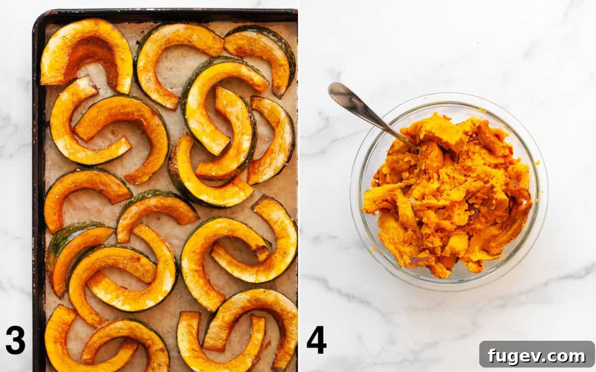 Velvet Roasted Kabocha Soup 5 The journey from roasted squash wedges on a sheet pan to the rich, tender squash flesh collected in a bowl, ready for the soup pot.
