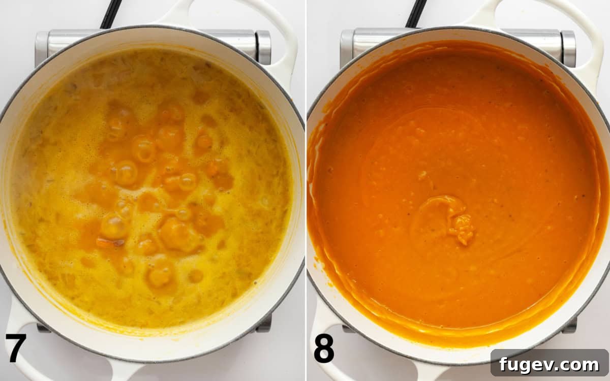 Velvet Roasted Kabocha Soup 7 The soup transitioning from a gentle simmer in a large pot to a beautifully smooth, pureed consistency, ready to be served.
