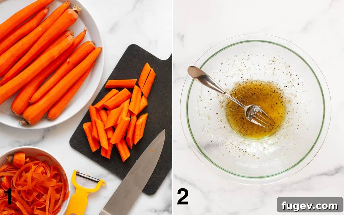 Roasted Carrots with Garlic and Parmesan 4 On a cutting board, peeled and diagonally sliced carrots are ready for roasting. In a large mixing bowl, a fragrant garlic-oil mixture awaits the carrots.