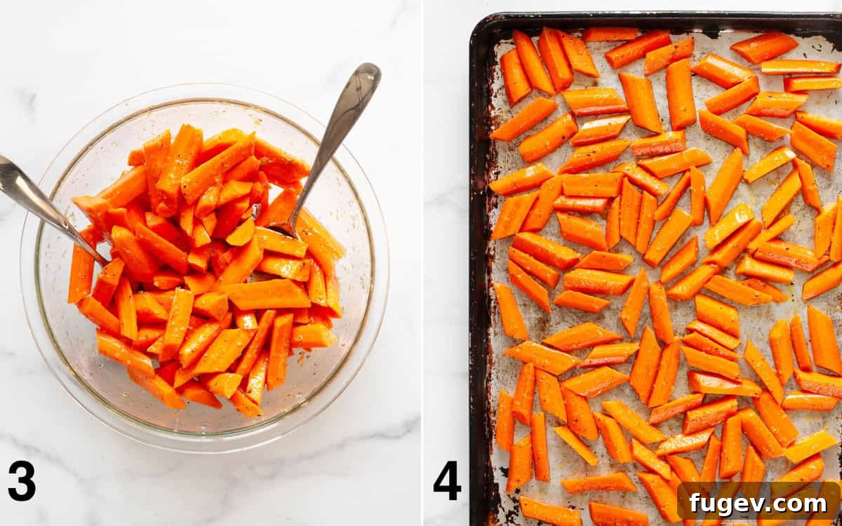 Roasted Carrots with Garlic and Parmesan 5 Marinated carrots are shown being stirred in a bowl, ensuring an even coating of the garlic-oil mixture. Below, the coated raw carrots are spread in a single layer on a sheet pan, ready for roasting.