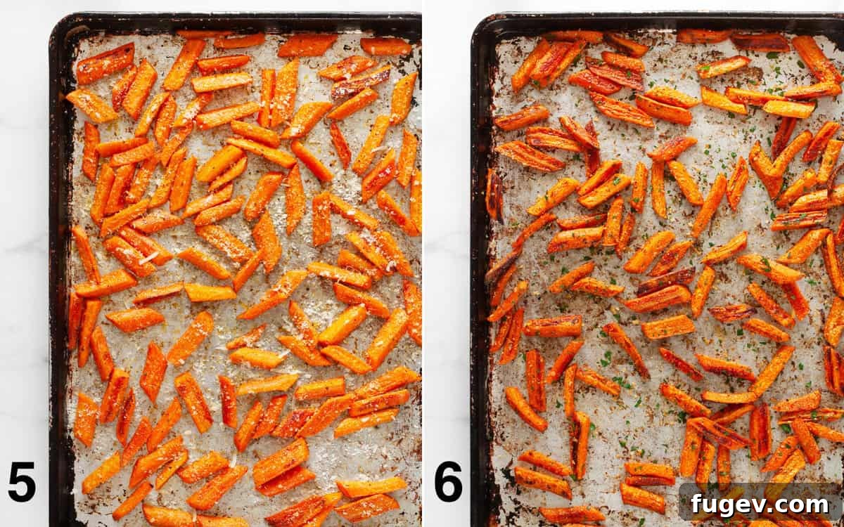 Roasted Carrots with Garlic and Parmesan 6 A two-part image showing roasted carrots, first sprinkled with grated parmesan before the final roasting, and then a bowl of the finished dish, garnished with fresh chopped parsley.
