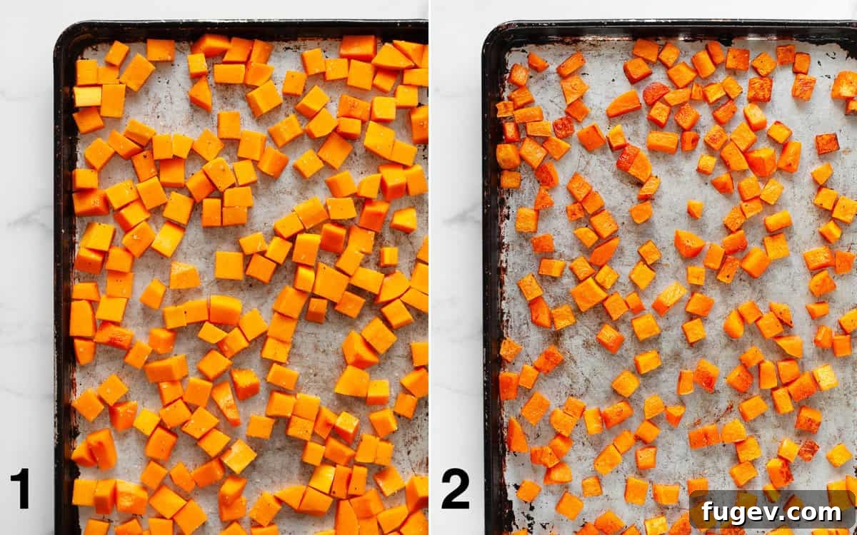 Harvest Roasted Butternut Squash Salad 4 A visual comparison of butternut squash before and after roasting on a sheet pan, showing the transformation to golden-brown and tender.
