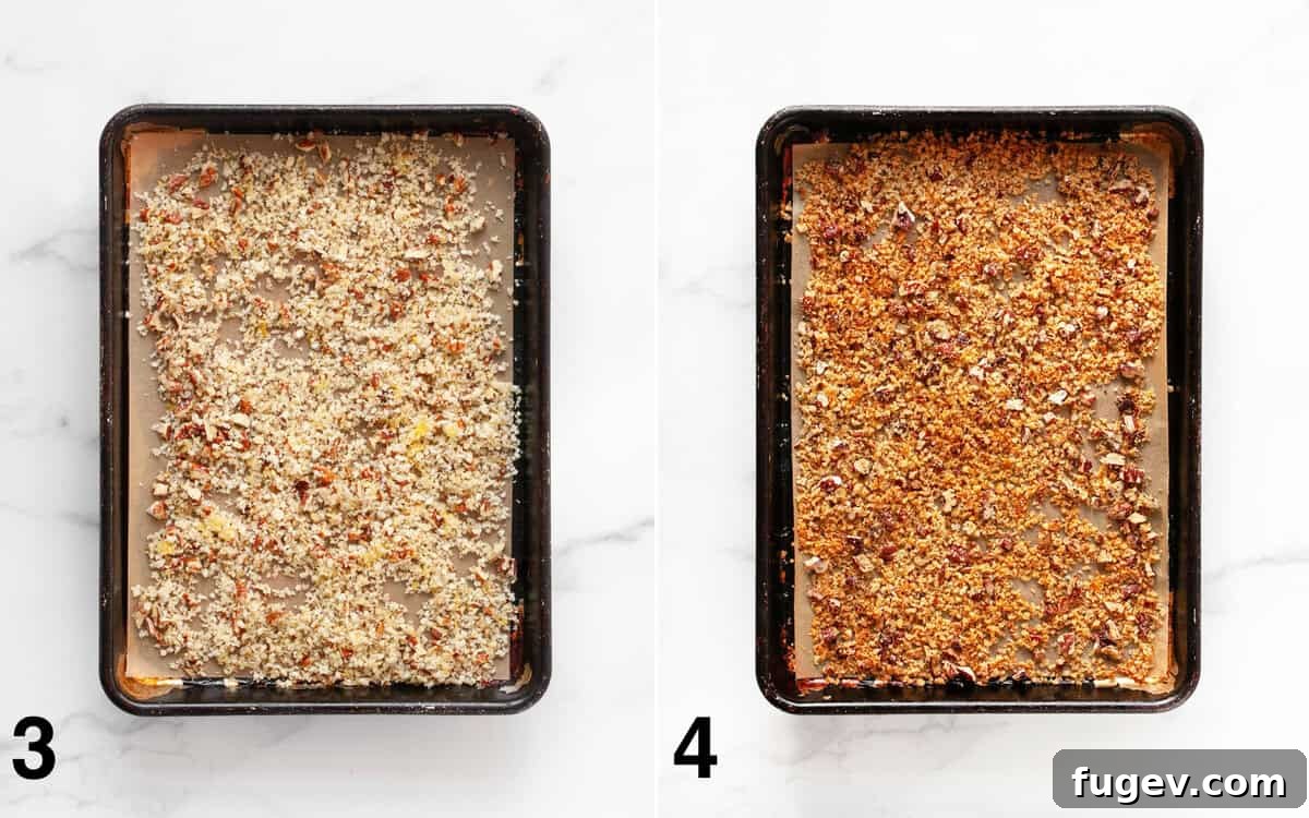 Harvest Roasted Butternut Squash Salad 5 A visual comparison of the pecan panko breadcrumb mixture before and after being toasted to a golden crisp on a sheet pan.