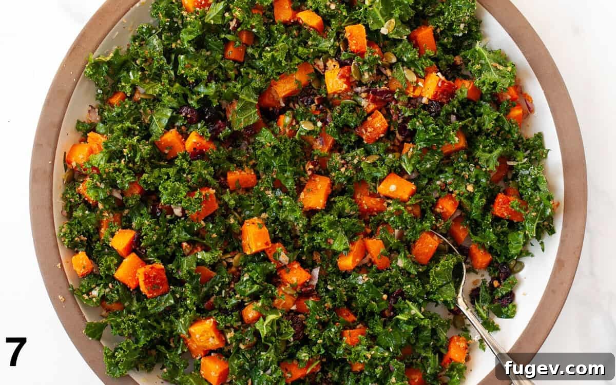 Harvest Roasted Butternut Squash Salad 7 All the vibrant salad ingredients, including roasted butternut squash, kale, and toasted pecan breadcrumbs, tossed together in a large serving bowl.