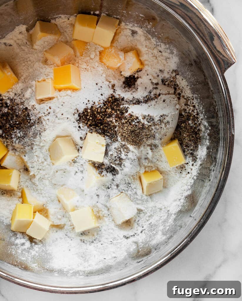 Salt and Pepper Biscuits 5 Cold, cubed butter being cut into dry ingredients in a bowl with a pastry blender
