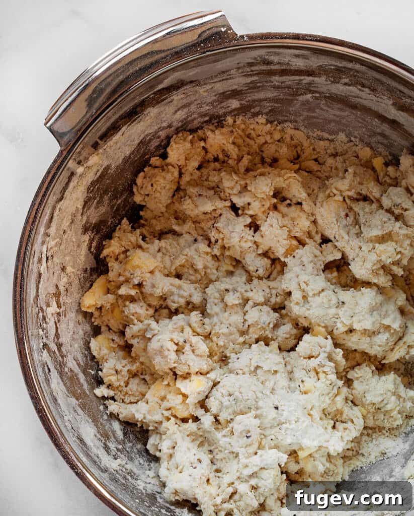 Salt and Pepper Biscuits 6 Shaggy biscuit dough in a mixing bowl after buttermilk has been added