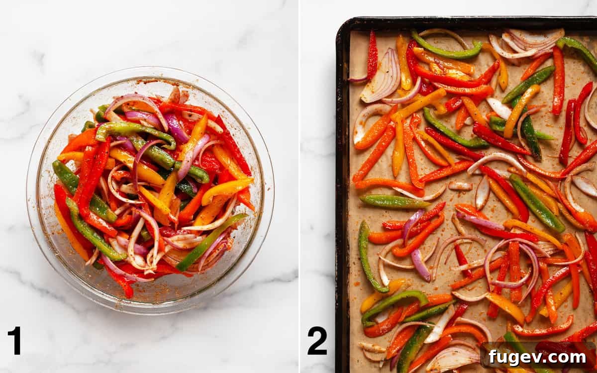 One-Pan Vibrant Veggie Fajita Bowls 4 Peppers and onions in a bowl marinating. Veggies spread across a sheet pan before they roast.
