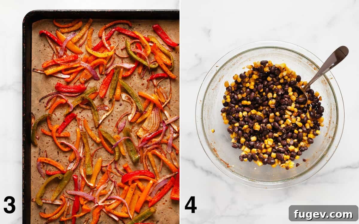 One-Pan Vibrant Veggie Fajita Bowls 5 Roasted peppers and onions on a sheet pan. Beans and corn stirred in a large bowl.