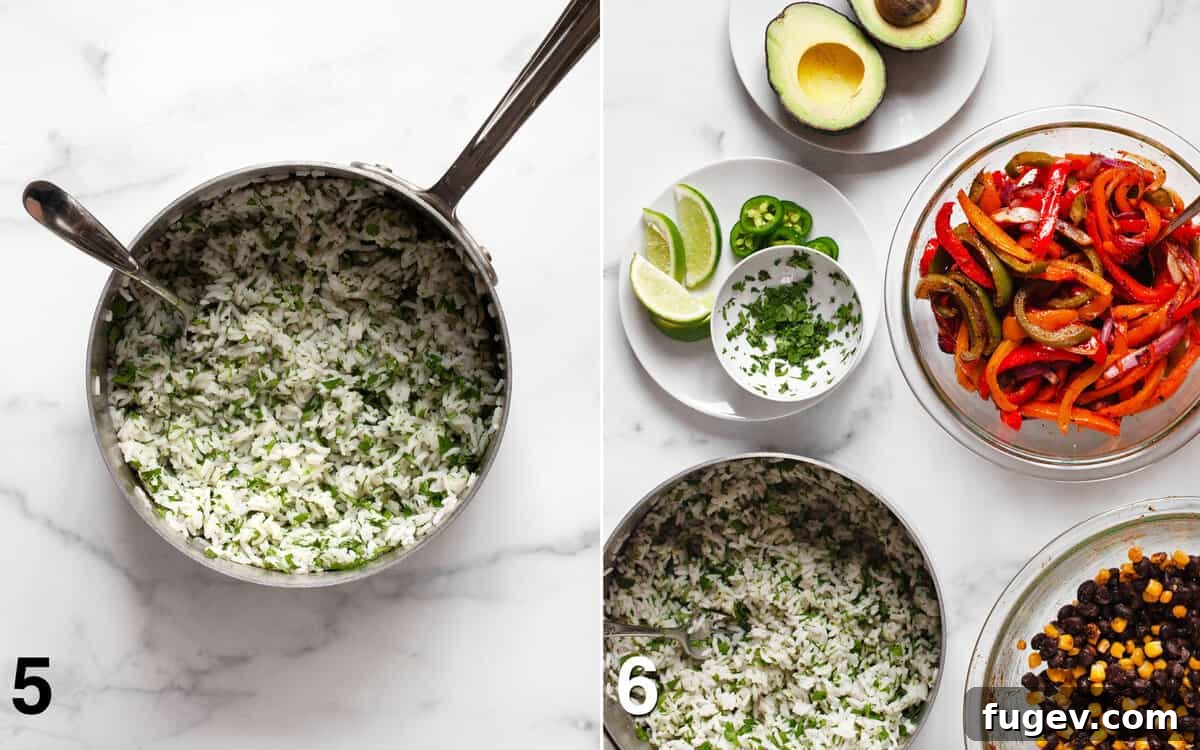 One-Pan Vibrant Veggie Fajita Bowls 6 Cilantro lime rice in a pot. Components for fajita bowls ready to be assembled.