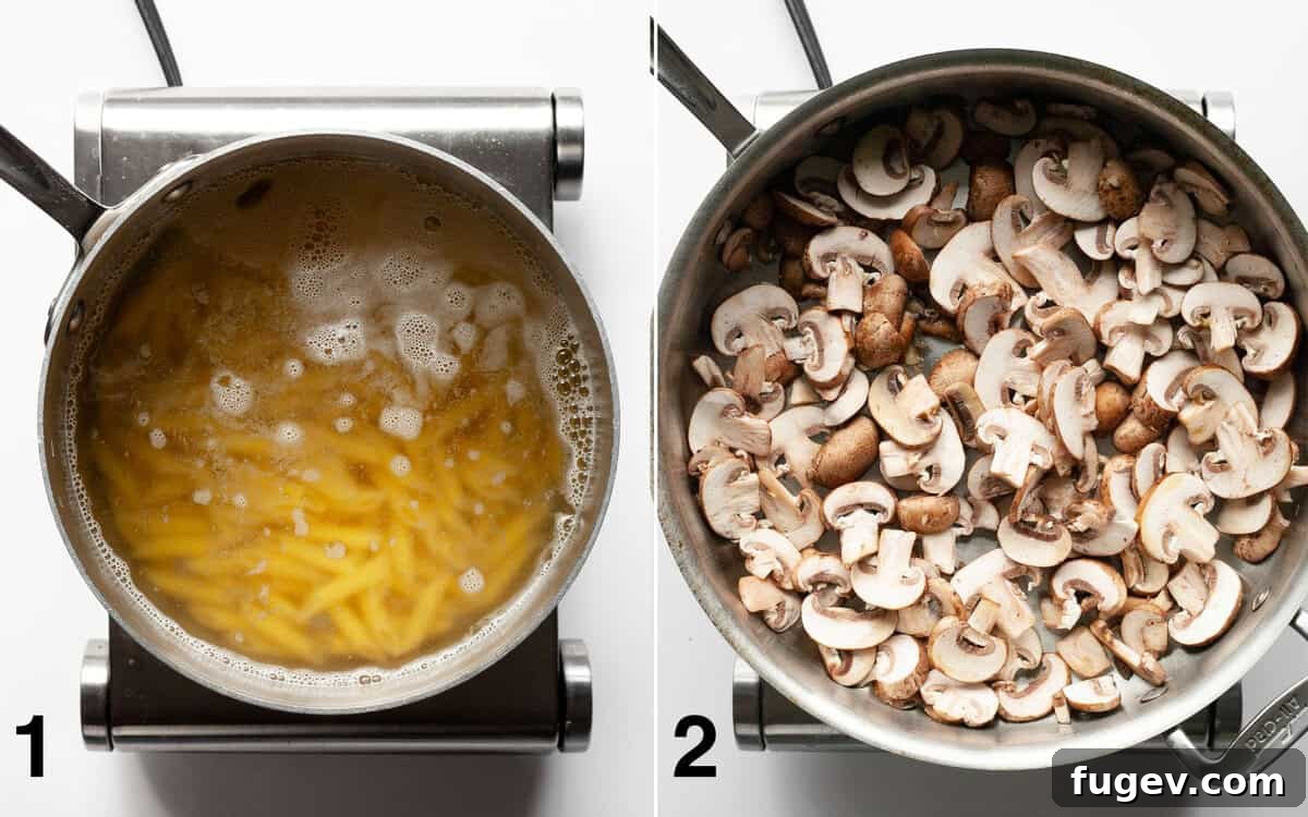 Two images side-by-side: on the left, penne pasta simmering in a pot of boiling water; on the right, sliced mushrooms sautéing in a hot pan.