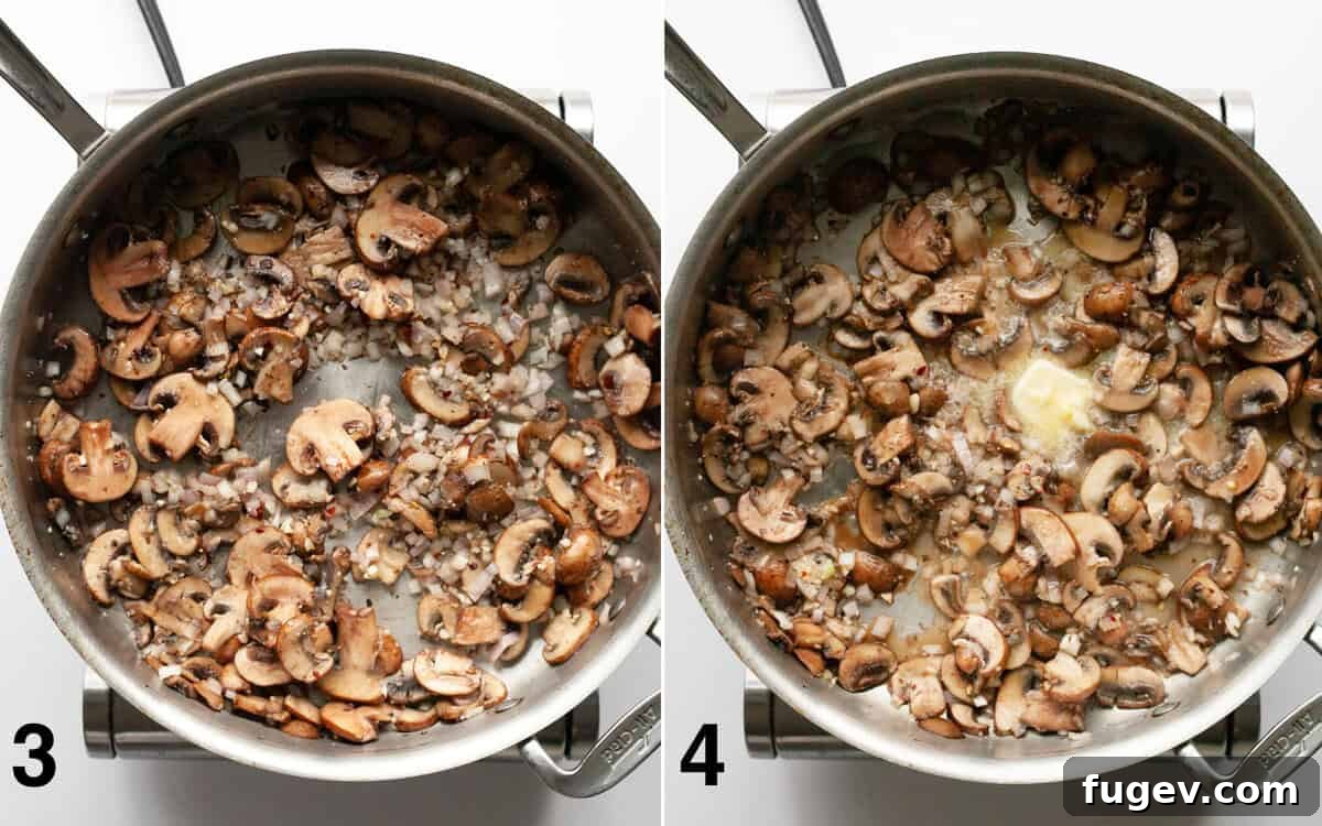 Two images side-by-side: on the left, sautéed mushrooms with shallots, garlic, and seasonings; on the right, butter melting into the mushroom mixture in the pan.