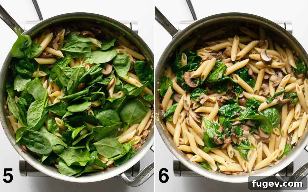 Two images side-by-side: on the left, fresh baby spinach being stirred into penne and mushroom mixture; on the right, the spinach has wilted beautifully into the pasta dish in the pan.