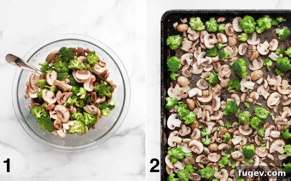 Wholesome Roasted Vegetable & Cottage Cheese Egg Casserole 4 Two images side by side: one showing broccoli and mushrooms tossed with oil and seasoning in a bowl, and the other showing the seasoned vegetables spread in a single layer on a baking pan, ready for roasting.