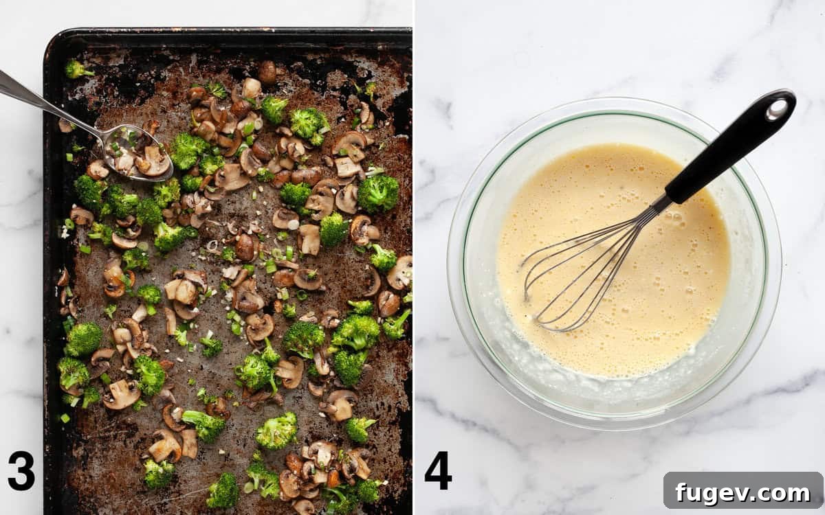 Wholesome Roasted Vegetable & Cottage Cheese Egg Casserole 5 Two images side by side: one displaying perfectly roasted broccoli and mushrooms on a baking sheet, and the other showing a large bowl of whisked eggs and cottage cheese mixture.